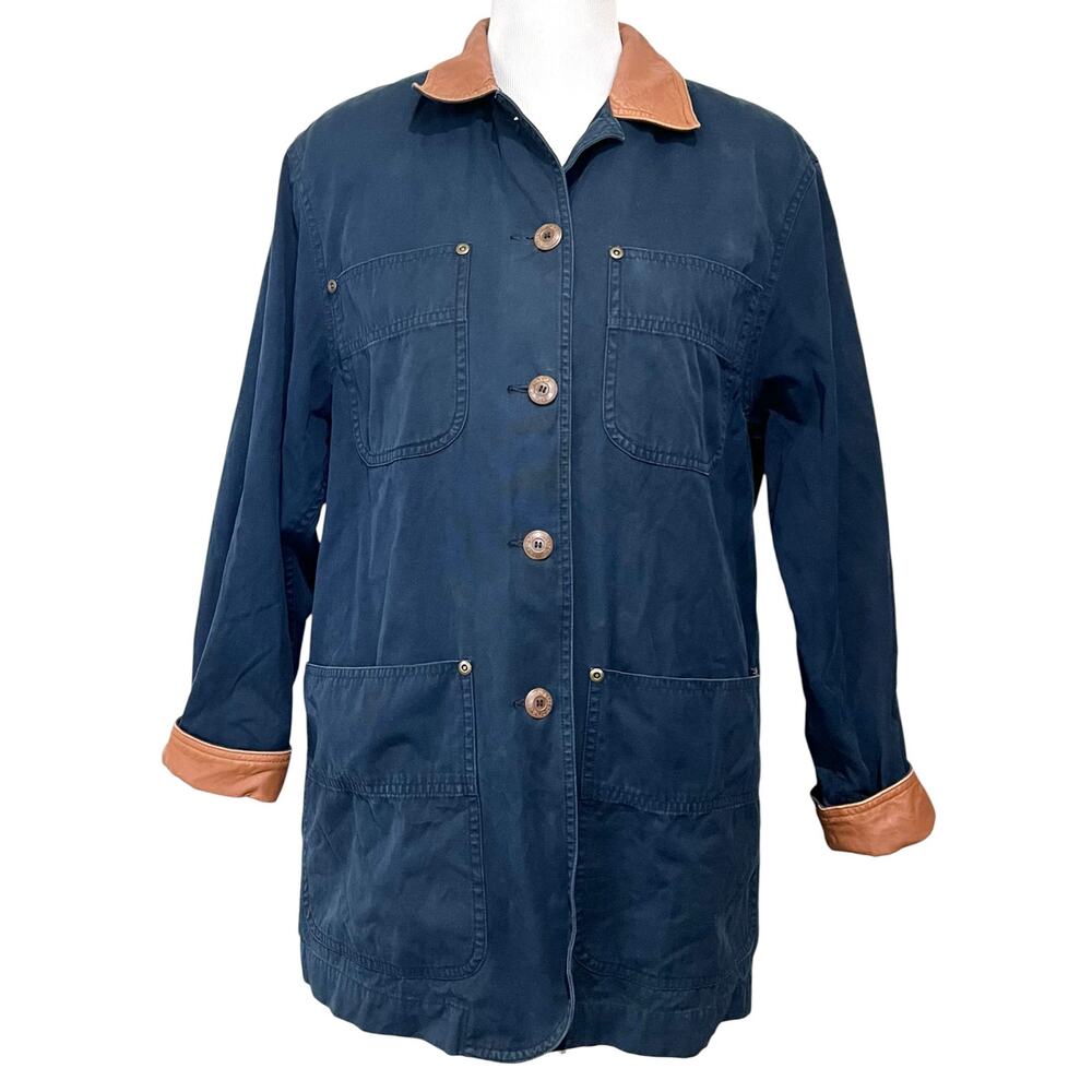 Lizsport Vintage Barn Chore Field Jacket Navy Tan Cuffs Button Women's Petite S